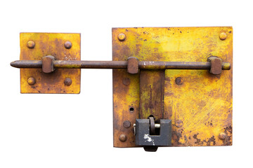 Old rusty garage or gate lock isolated on white background. Architecture, interior, exterior design detale