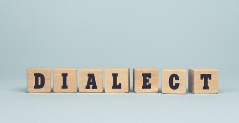 The word DIALECT made from wooden cubes on blue background