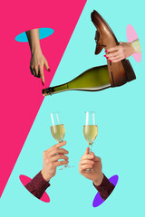 Contemporary art collage, modern design. Party mood. Hands pouring champagne in glasses on multicolored background
