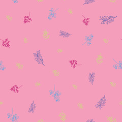 Vector pink background herbs, leaf, flowers and plants texture seamless pattern. Seamless pattern background