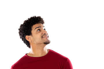 Cute african american man with afro hairstyle wearing a burgundy T-shirt
