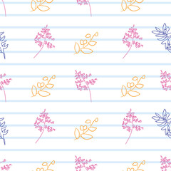 Vector white background herbs, leaf, flowers and plants texture seamless pattern. Seamless pattern background