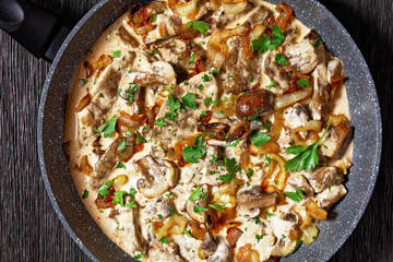 mushroom and calf liver stroganoff, top view