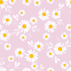 Seamless pattern with chamomiles on pink background vector illustration. Cute floral print.