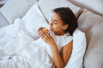 Charming young woman drinking tea at home