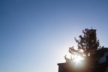 The sun in the branches of a tree near a tower bell