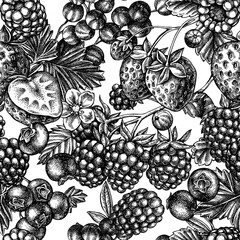 Seamless pattern with black and white strawberry, blueberry, red currant, raspberry, blackberry