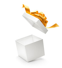 White color open gift box with gold ribbon isolated on white background