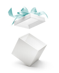 White open gift box or present with blue ribbon isolated on white background