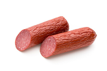 Salami smoked sausage, basil leaves on white background cutout.