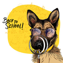 Vector portrait of german shepherd dog with magnifying glass and big nose reflection. Back to school illustration. Math formulas on background. Hand drawn pet portait. Study poster, student cartoon.