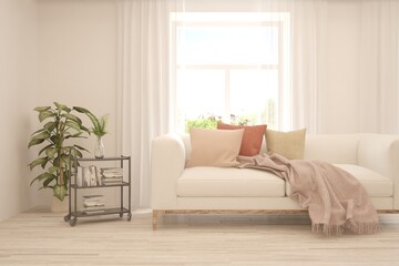 White living room with sofa. Scandinavian interior design. 3D illustration