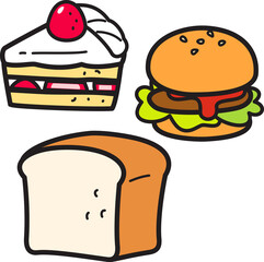 ハンバーガー、パン、ケーキのラフなイラスト