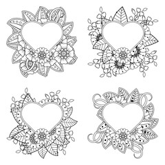 Set of Mehndi flower for henna, mehndi, tattoo, decoration. decorative ornament in ethnic oriental style. doodle ornament. outline hand draw illustration. coloring book page.