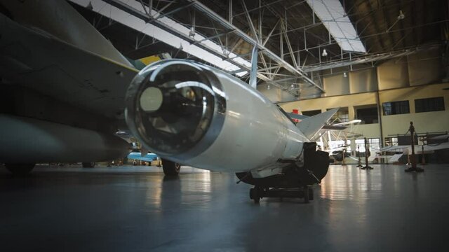 Aircraft Missile, Matra R.530 Missile at the Museo Nacional de Aeronautica in Argentina (National Museum of Aeronautics). Dolly. 4K Resolution.