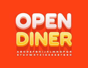 Vector advertising sign Open Diner. Creative 3D Font. Modern White  Alphabet Letters and Numbers set