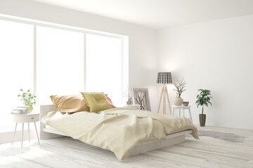 Soft color bedroom interior. Scandinavian design. 3D illustration