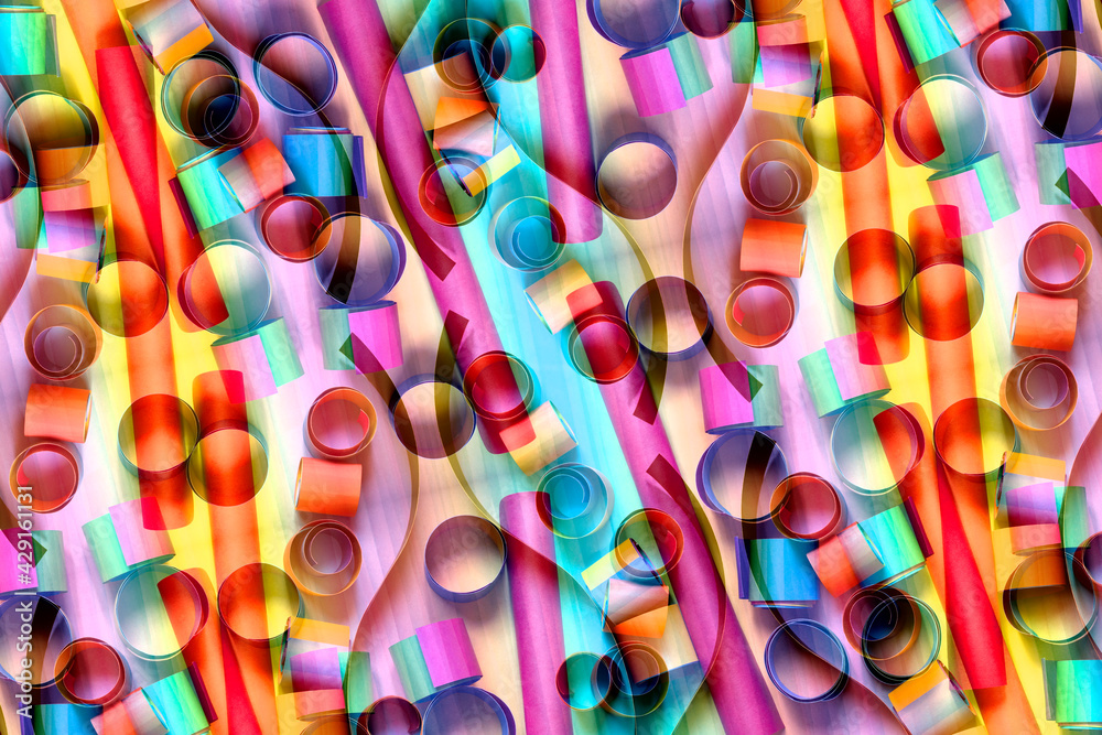 Wall mural abstract kaleidoscopic blend pattern of rolled color paper sheets and paper strips