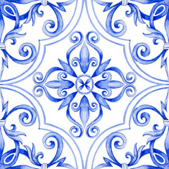 The blue pattern on the tiles is hand-drawn in watercolour, a seamless floral pattern.