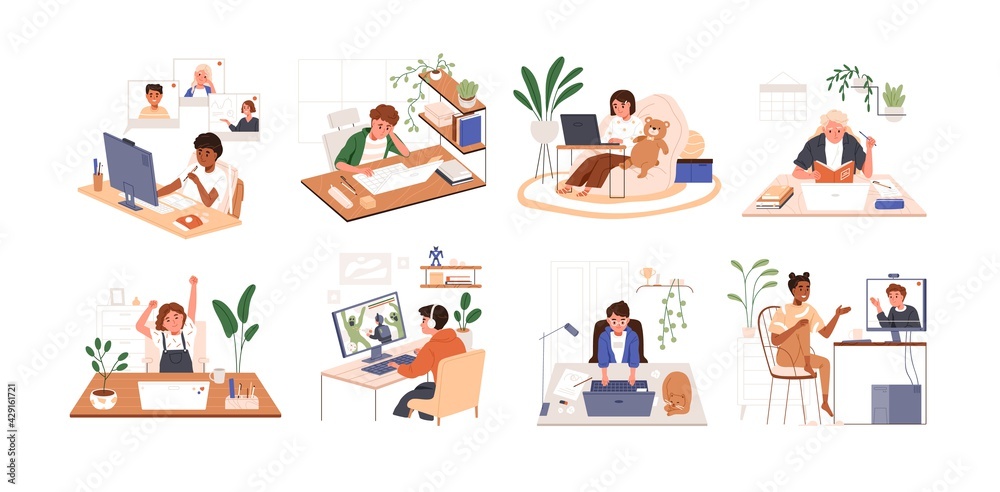 Aufkleber Set of children using PC and laptops. Kids playing computer games, coding, studying and chatting with friends online. Colored flat vector illustration of boys and girls isolated on white background