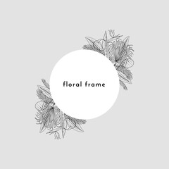 Obraz premium Black and white line art tropical leaves and flowers floral symmetrical frame. Stock vector illustration.