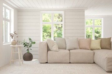 White living room with sofa and summer landscape in window. Scandinavian interior design. 3D illustration