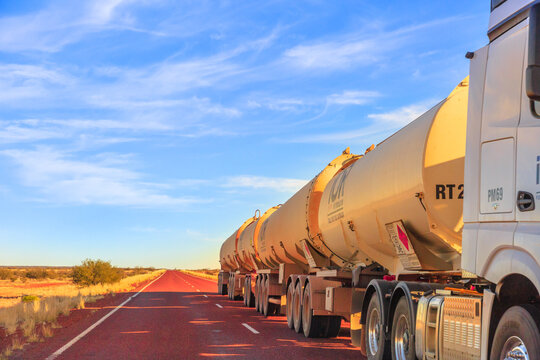 Northern Territory, Australia - August 29, 2019: fuel road-train truck crossing the highways of the Northern Territory of Australian Outback.