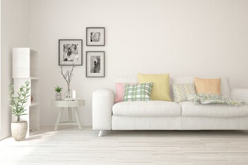 Soft color living room with sofa. Scandinavian interior design. 3D illustration