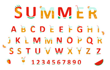 Summer font vector. Watermelon, strawberry, cocktail, orange decoration. Designed for summer party invitation, textile print, sale 
leaflet