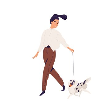 Happy young woman walking with purebred small dog. Pet owner leading her Shetland doggy on leash. Female character and sweet little Sheltie. Colored flat vector illustration isolated on white