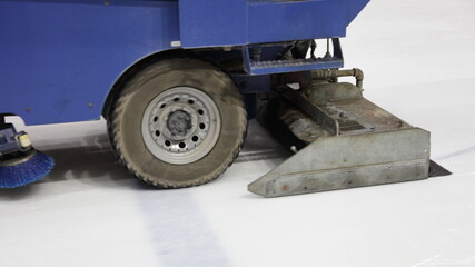 Ice recondition machine car close up, ice rink ice surface maintenance service for sport