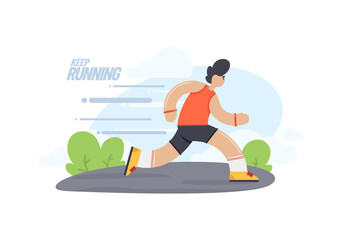 Vector flat running man. Cartoon illustration of athlete run. Outdoor training.