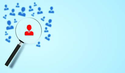 Human Resource Management and Recruitment Concept Hand holding magnifying glass find people paper icon on blue background, top view EPS10.
