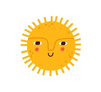 Cute happy smiling sun with funny face. Hot summer sunny weather icon. Children's Scandinavian doodle drawing. Childish colored flat graphic vector illustration isolated on white background