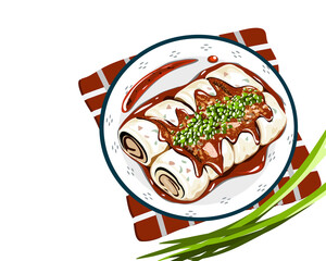 A plate of steamed rice noodle rolls or spring roll with sauce on top. Isolated asian food vector illustration on white background. 