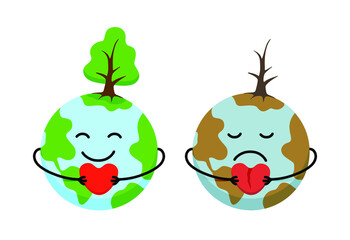 Vector Illustration of happy green and sad Earth with heart isolated on white background. Save the planet