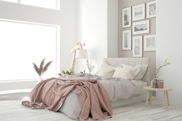 Modern interior of soft color bedroom. Scandinavian interior design. 3D illustration