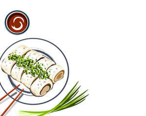 Steamed rice noodle rolls or spring roll with sauce and chopsticks on white background. Isolated asian food vector illustration. 