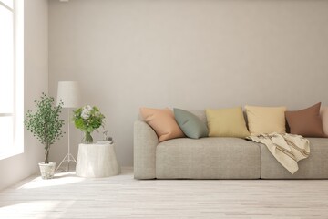 Soft color living room with sofa. Scandinavian interior design. 3D illustration
