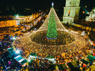 KYIV, UKRAINE - 06 January. 2021. The main New Year tree of the country. People celebrate holidays...