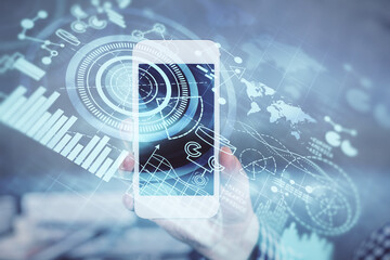 Double exposure of man's hands holding and using a phone and international business theme drawing.