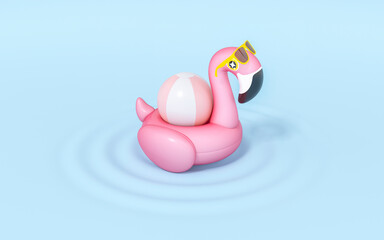 Pink Flamingo float, tropical bird shape inflatable swimming pool ring floating in a pool on pastel blue background 3d rendering. 3d illustration Summer and travel minimal concept.