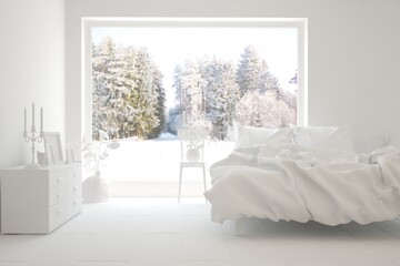 Stylish bedroom in white color with winter landscape in window. Scandinavian interior design. 3D illustration