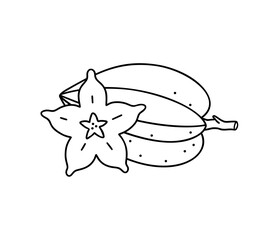 Carambola, whole fruit and slice. Black doodle icon. Hand drawn illustration for food packaging design. Contour isolated vector pictogram on white background