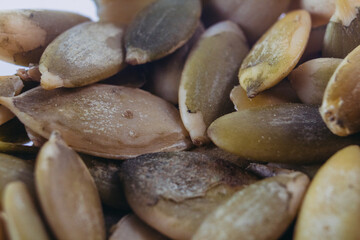 Pumpkin seeds. Peeled pumpkin seeds. Close-up.