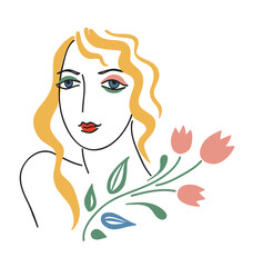 Hand drawing portrait of young women with flowers. Trendy art of abstract face.