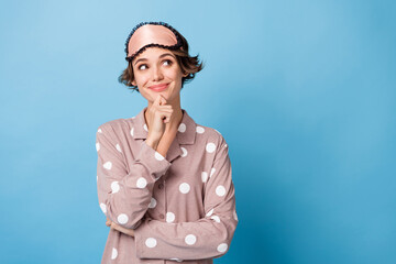Photo of young girl happy positive smile think hand touch chin guess dream look empty space...