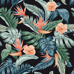 Seamless floral pattern with tropical flowers on summer background. Template design for textiles, interior, clothes, wallpaper. Vector illustration.  Botanical art © ola-la