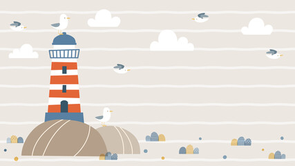 Summer background design with cartoon lighthouse and seagulls on striped background. Nautical background for social media header, web banner, wallpaper, video title, and more. © Torico