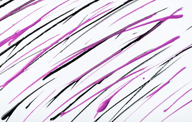 Thin purple and black lines and splashes drawn on white background. Abstract art backdrop with lilac brush stroke.